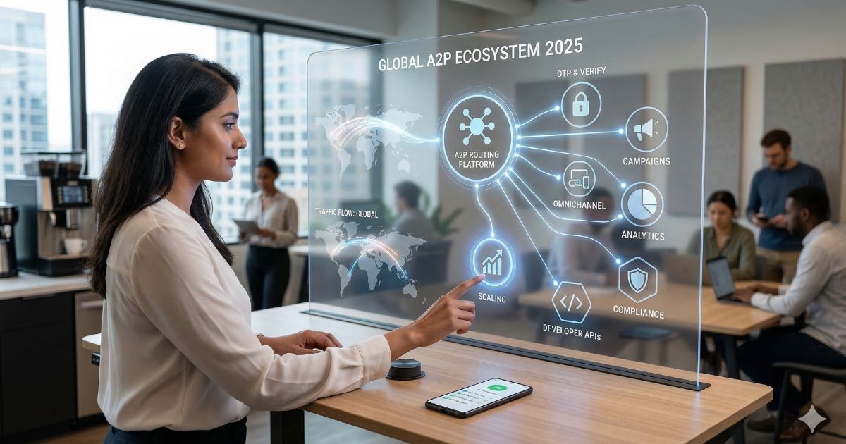 Digital dashboard showing the best A2P messaging software tools connecting to global smartphones.