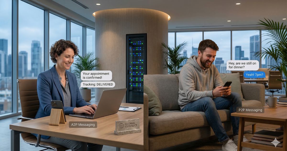 A side-by-side comparison showing a business professional sending automated A2P alerts and a man engaging in a casual P2P text conversation.