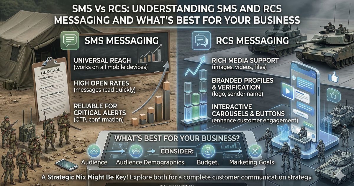 Side-by-side comparison of a plain text SMS and an interactive rich media RCS message on smartphones.