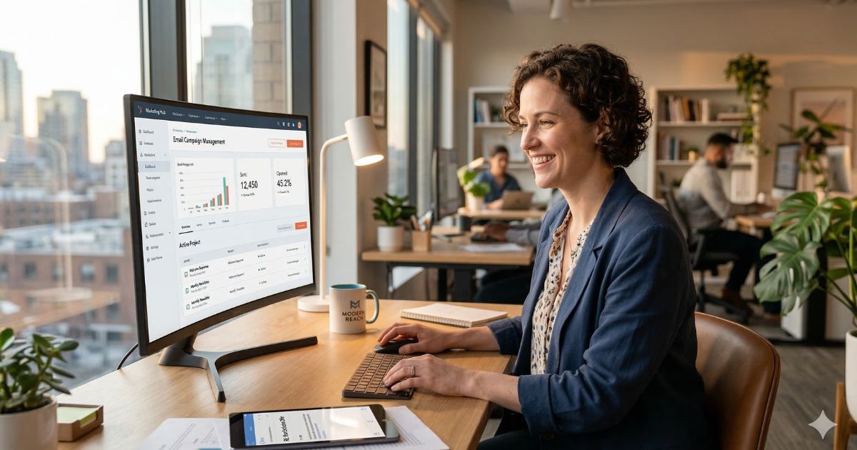 Digital marketing dashboard showing email marketing strategy, campaign creation tools, and successful engagement metrics.