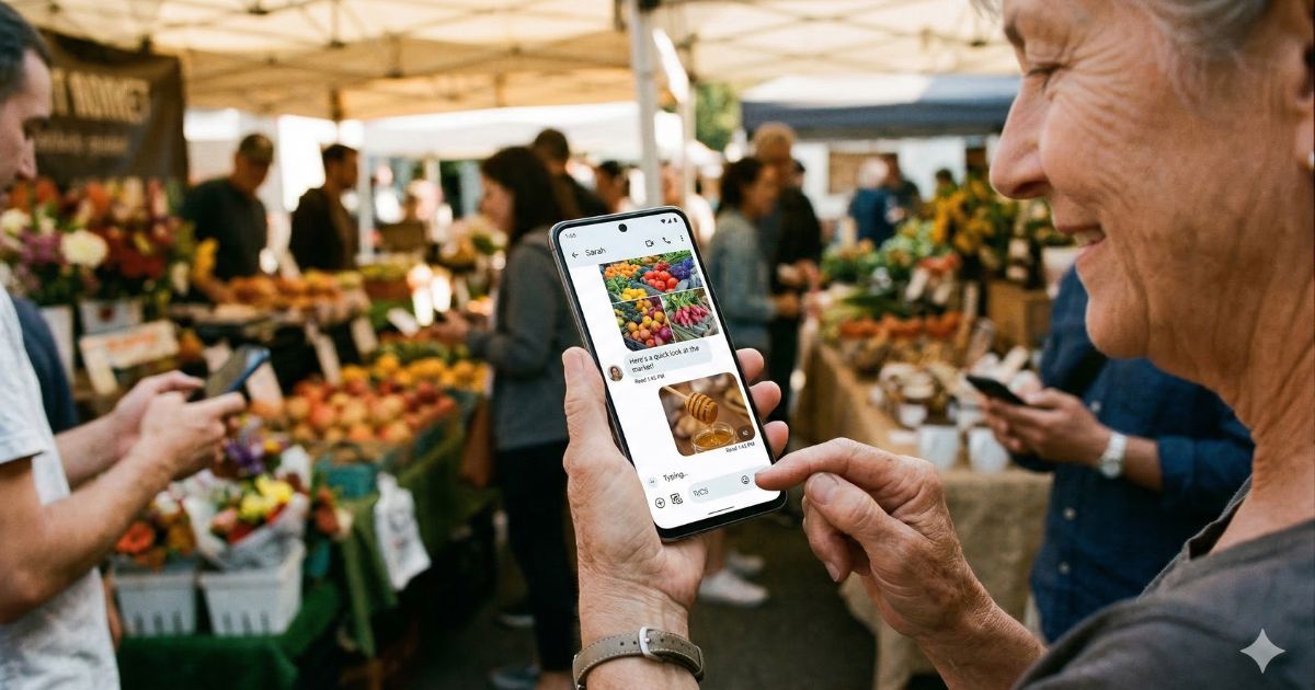 Smartphone displaying an interactive RCS messaging carousel with a verified brand logo and quick-reply buttons.