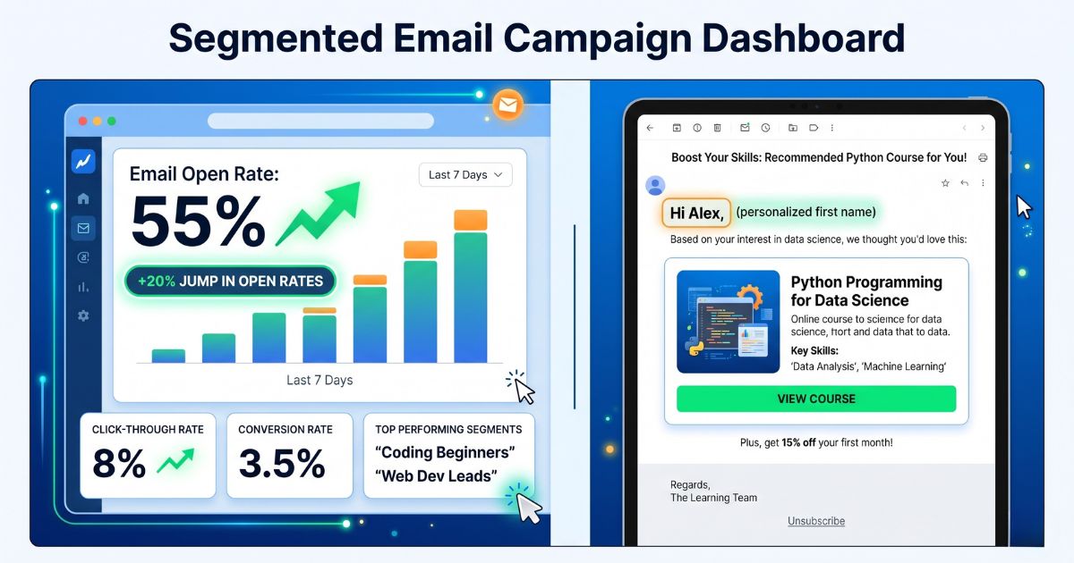 Email marketing dashboard showing high open rates and a personalized course recommendation.