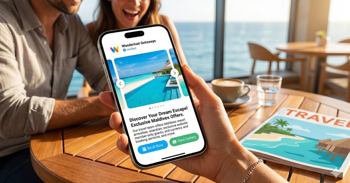 RCS messaging campaign showing a rich media image carousel for a travel brand.