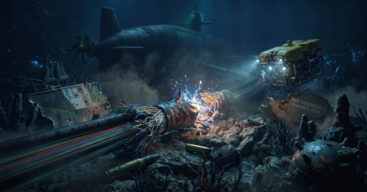 Deep sea fiber-optic cables representing global telecom infrastructure and network vulnerabilities.