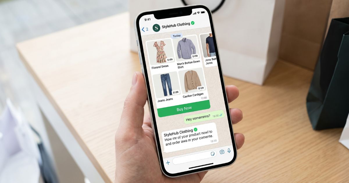 Verified WhatsApp Business API chat showing a retail product catalog and green checkmark.