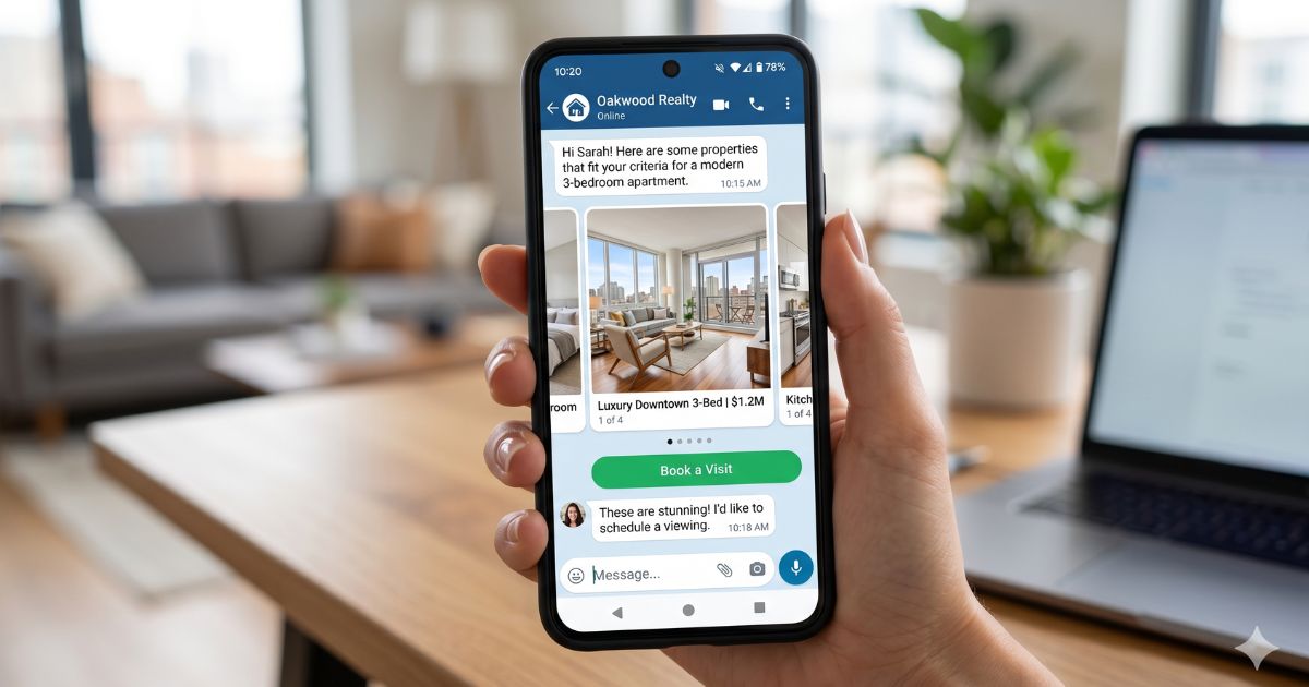 WhatsApp Business API chat showing real estate property listings and a booking button.