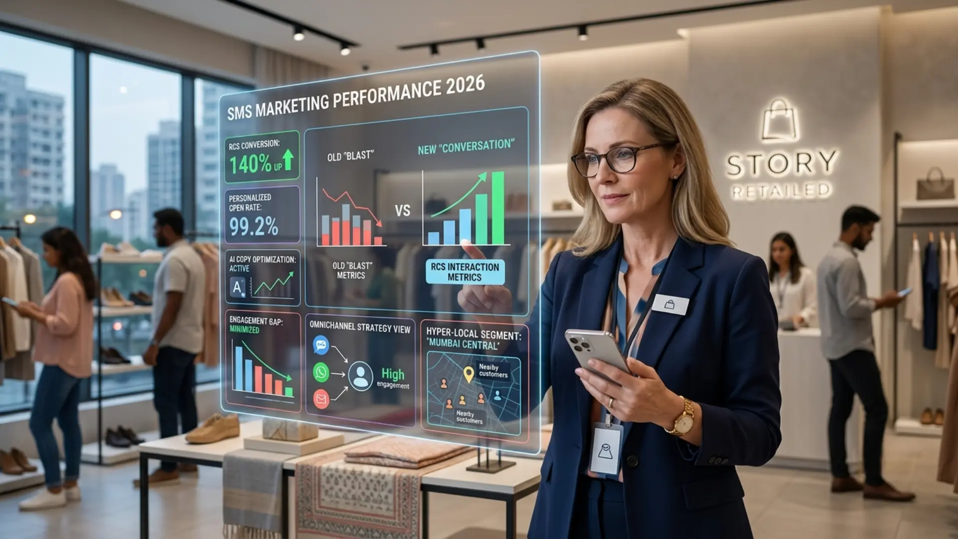 Visual comparison of a spammy traditional SMS text versus an interactive, personalized RCS carousel for retail marketing.