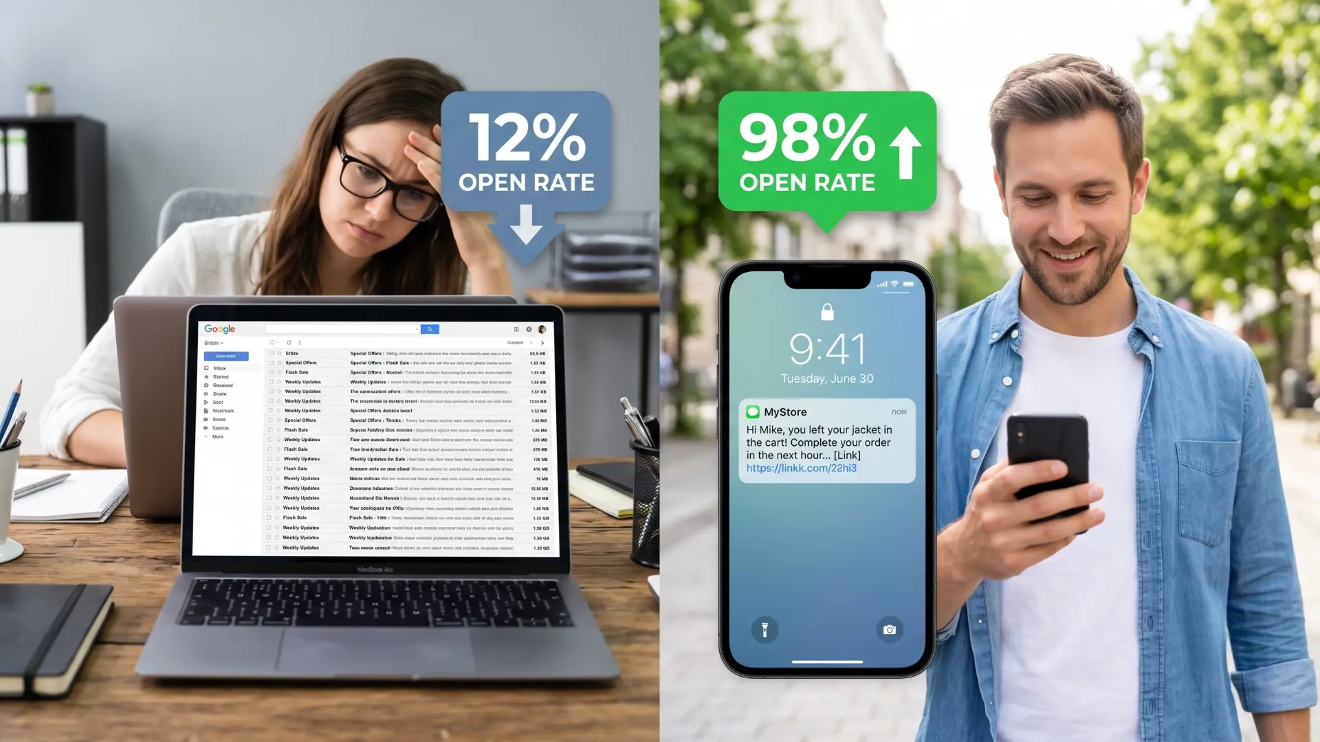Visual comparison of low email open rates versus the 98% open rate of SMS marketing for Shopify stores.