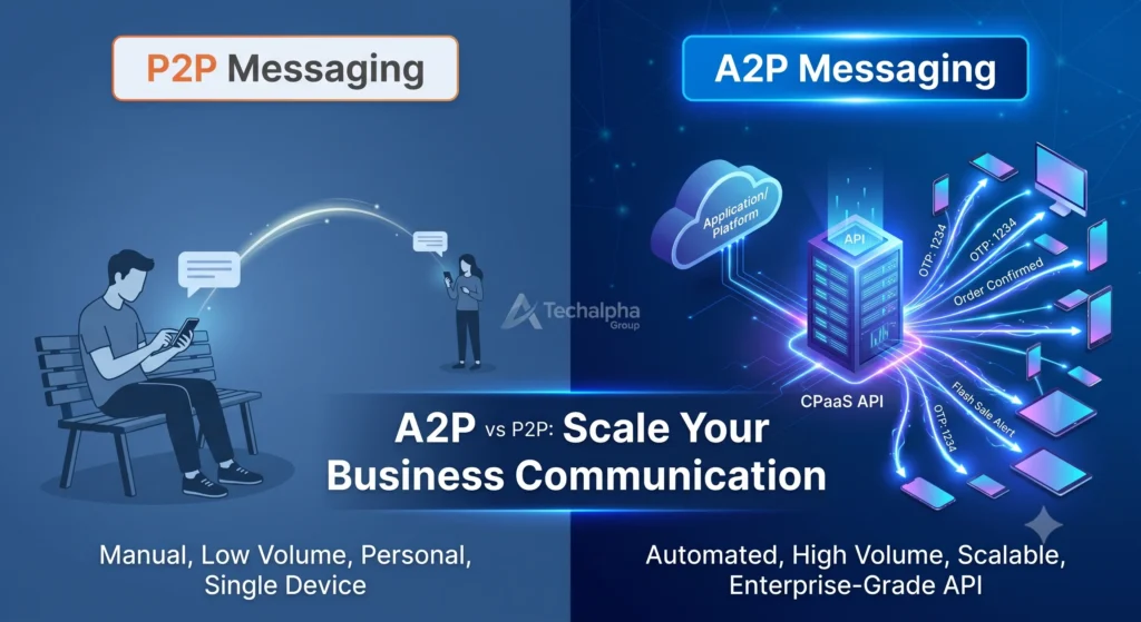 Digital illustration comparing P2P manual texting to A2P automated SMS API messaging for enterprise scalability and deliverability by Techalpha Group.