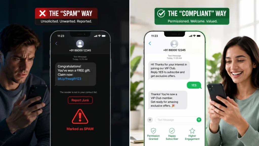Visualizing the difference between illegal SMS spam and compliant Double Opt-In SMS marketing tools.