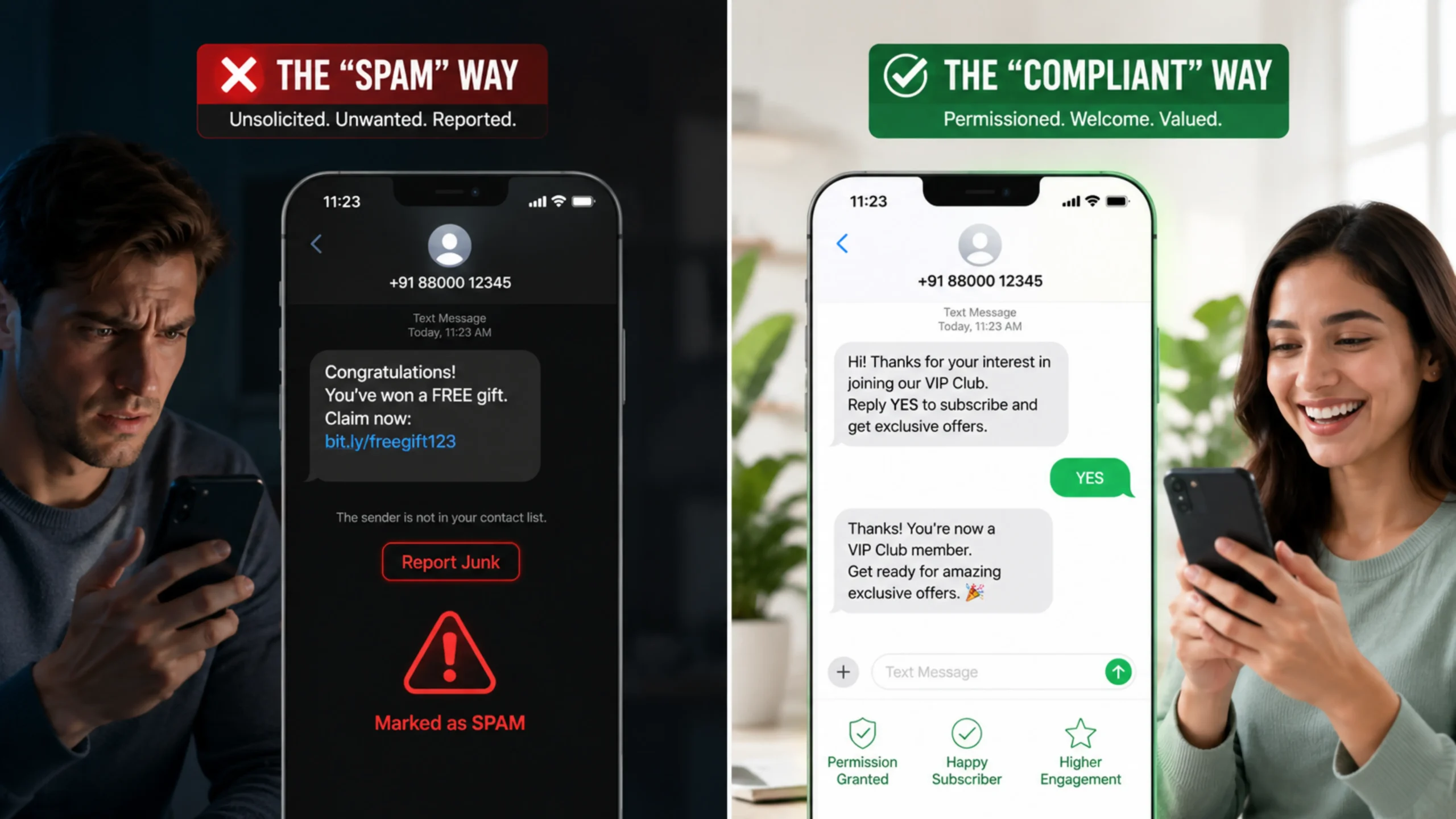 Visualizing the difference between illegal SMS spam and compliant Double Opt-In SMS marketing tools.