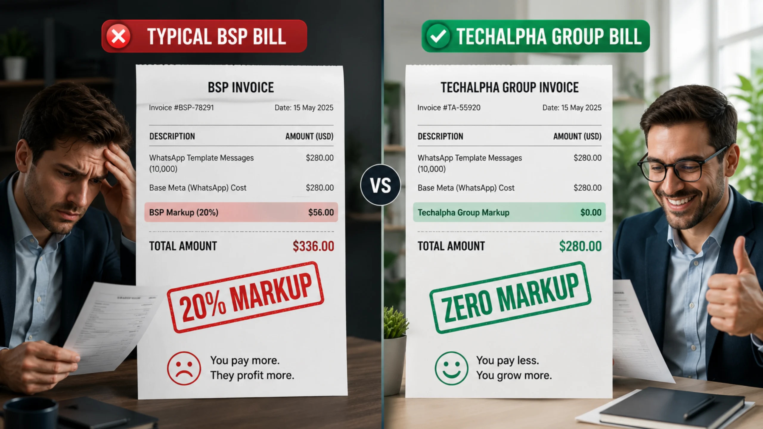 Comparing the hidden markups of standard WhatsApp API providers versus the transparent Zero Markup BSP model of Techalpha Group.