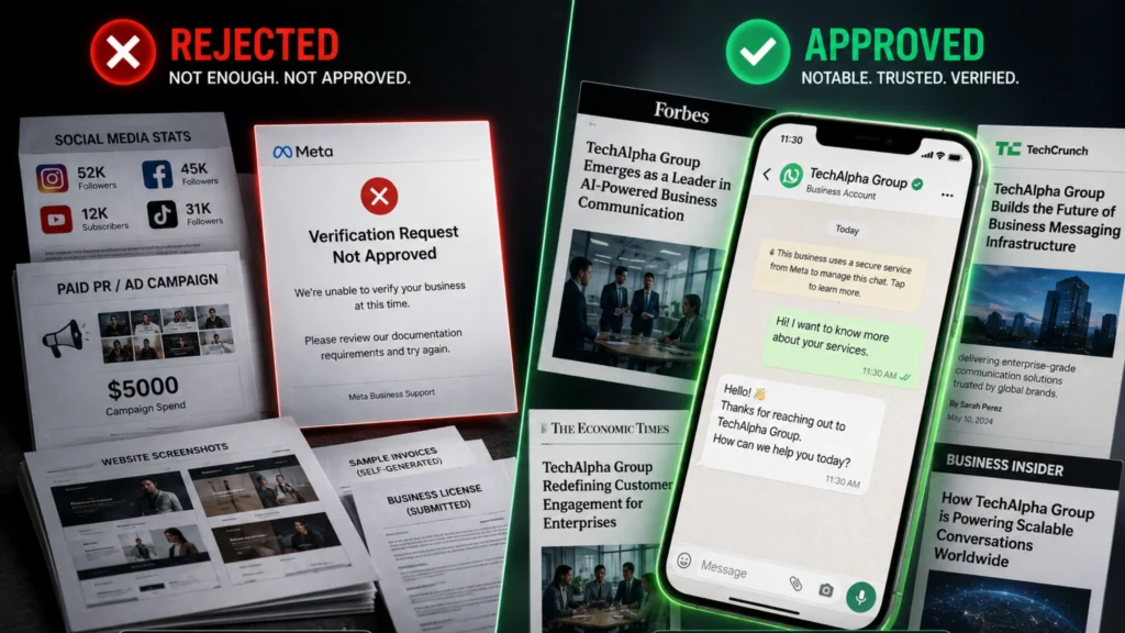 Visualizing the exact WhatsApp Green Tick verification documents and press coverage needed to get approved by Meta.
